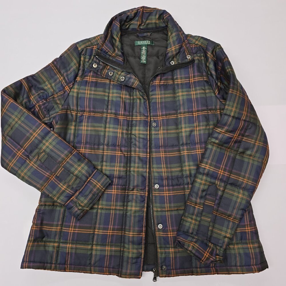 Lauren Women's Plaid Puffer Jacket - Dark Green and Navy - Large